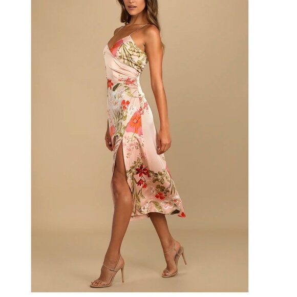 Lulus Remarkable Entrance Pink Floral Print Satin Midi Dress Size Medium NWOT - Picture 4 of 5